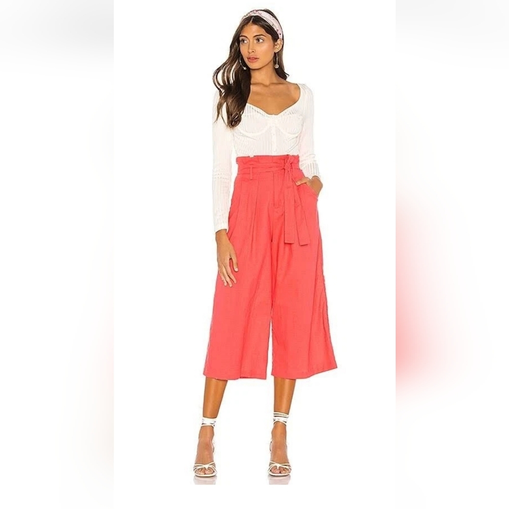 LPA Wide Leg Crop Paperbag Pants Cotton Linen Coral Belt High Waisted Size M